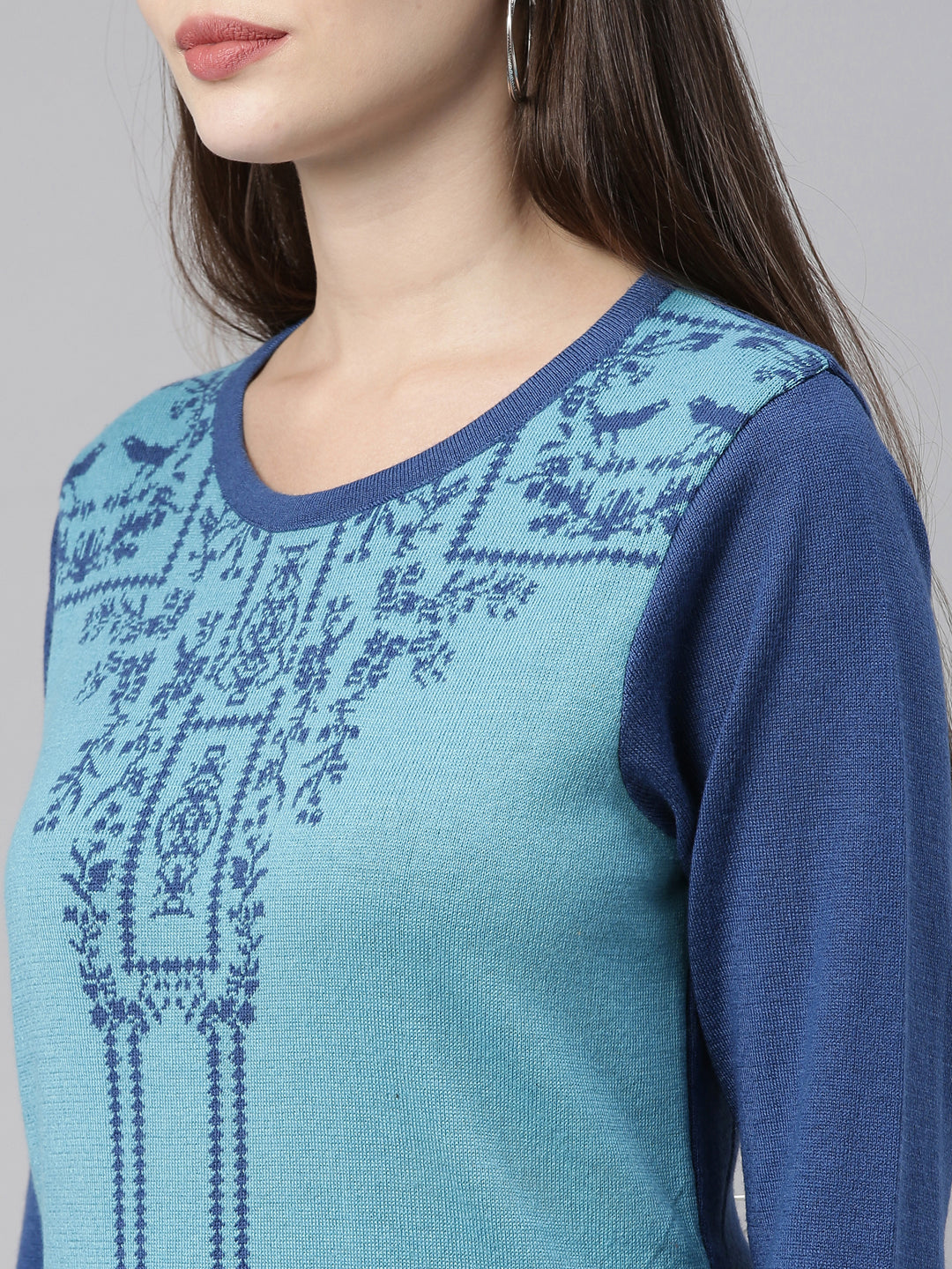 Neerus Blue acrylic printed straight kurti ethnic motifs - back view
