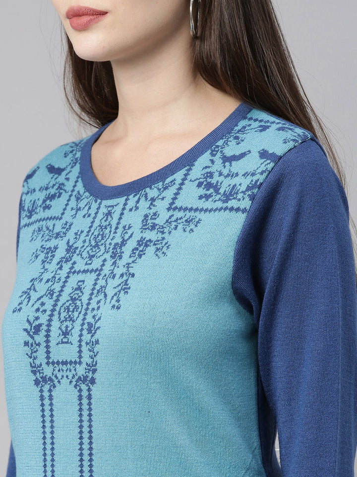 Neerus Blue acrylic printed straight kurti ethnic motifs - back view