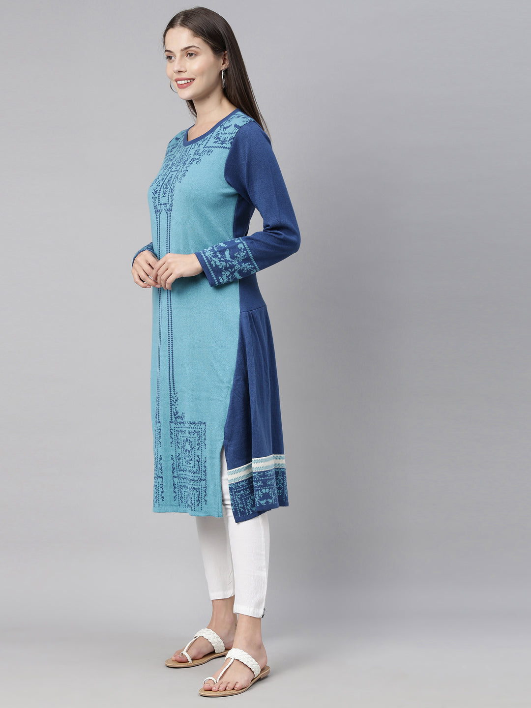 Neerus Blue acrylic printed straight kurti ethnic motifs - detail view 2