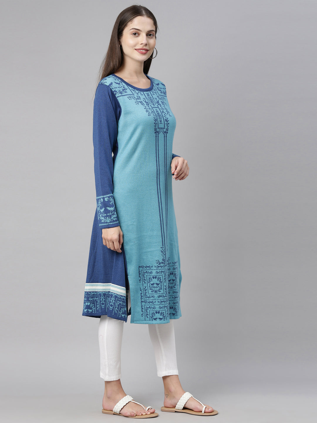 Neerus Blue acrylic printed straight kurti ethnic motifs - detail view 3