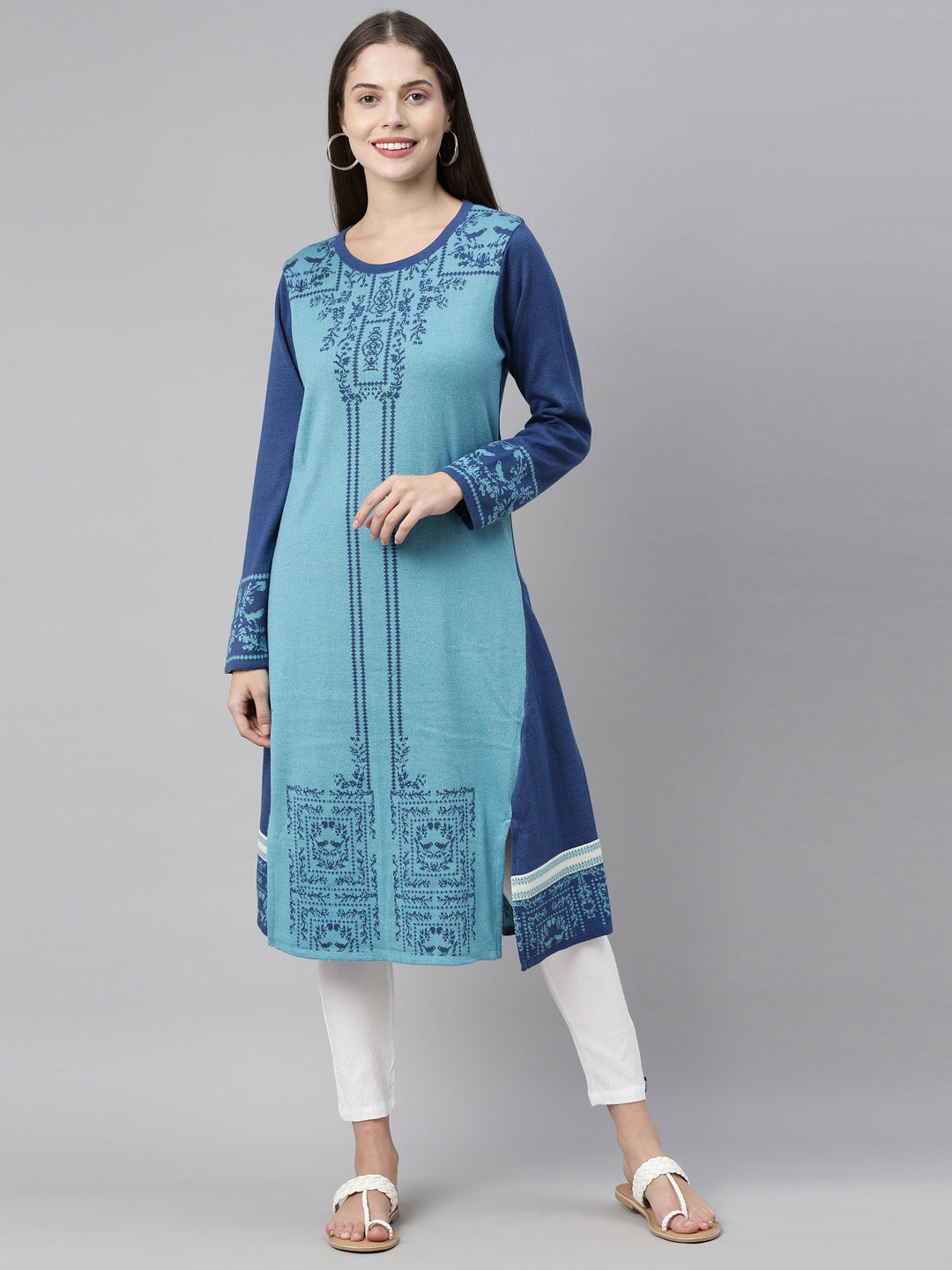 Neerus Blue acrylic printed straight kurti ethnic motifs - detail view 5