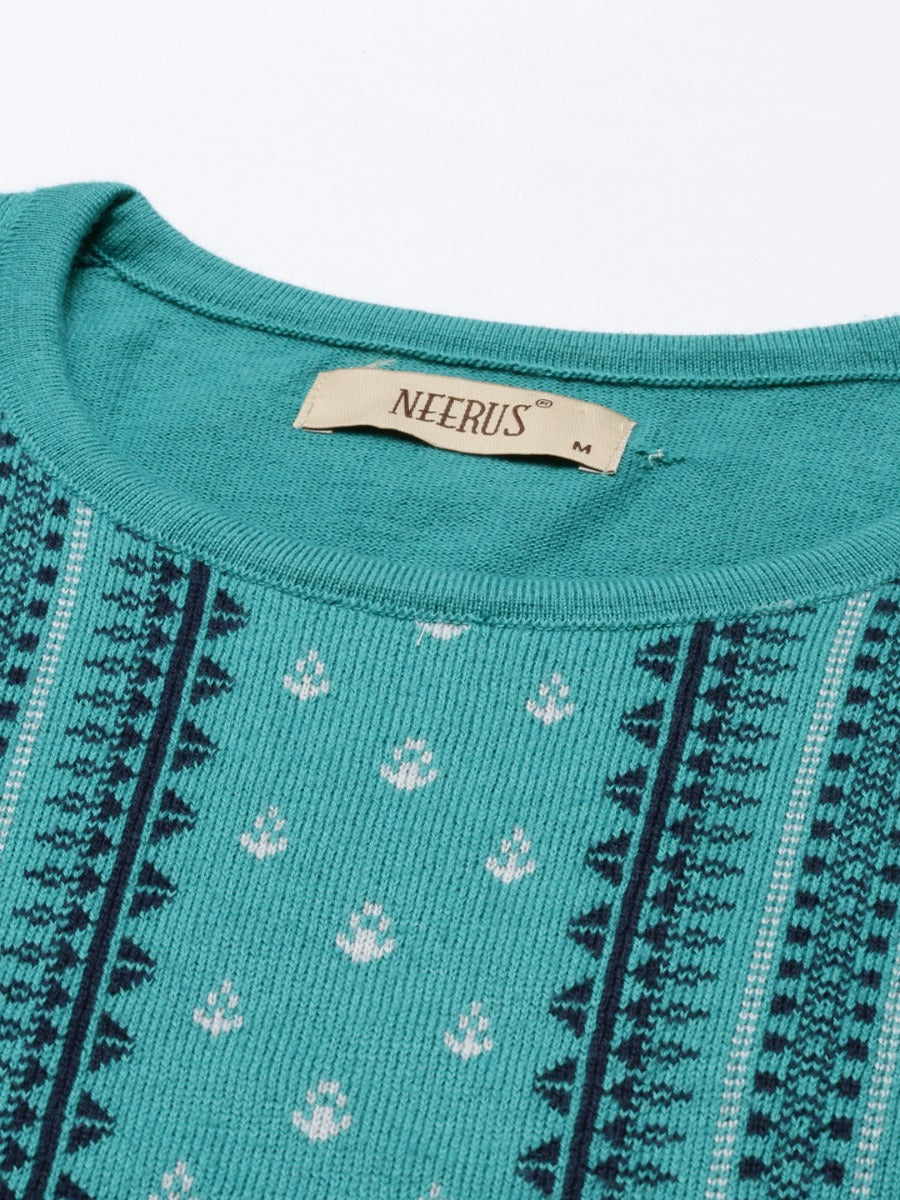 Neerus Green wool straight kurti - detail view 1