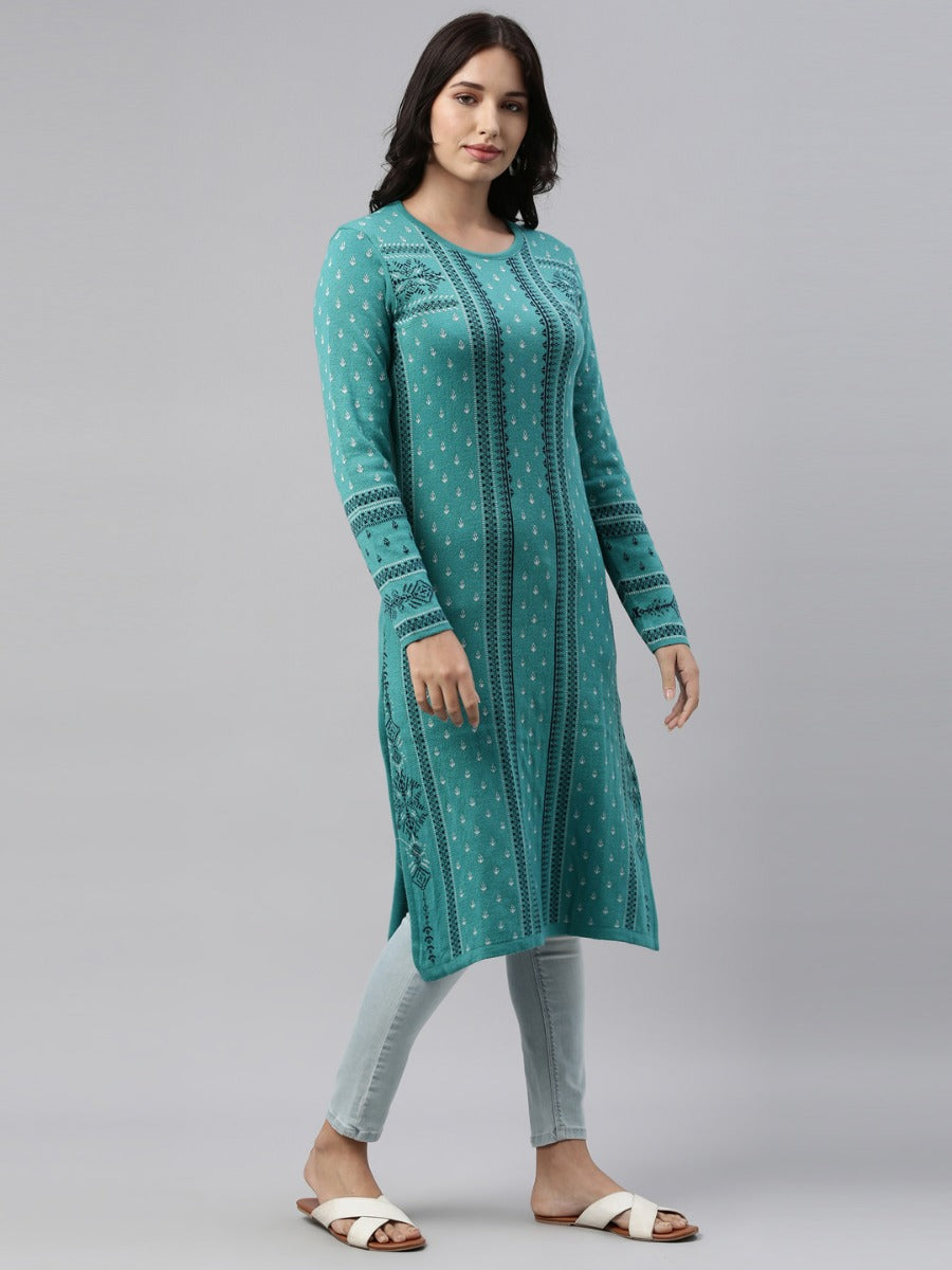 Neerus Green wool straight kurti - detail view 4