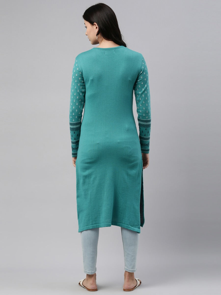 Neerus Green wool straight kurti - detail view 5