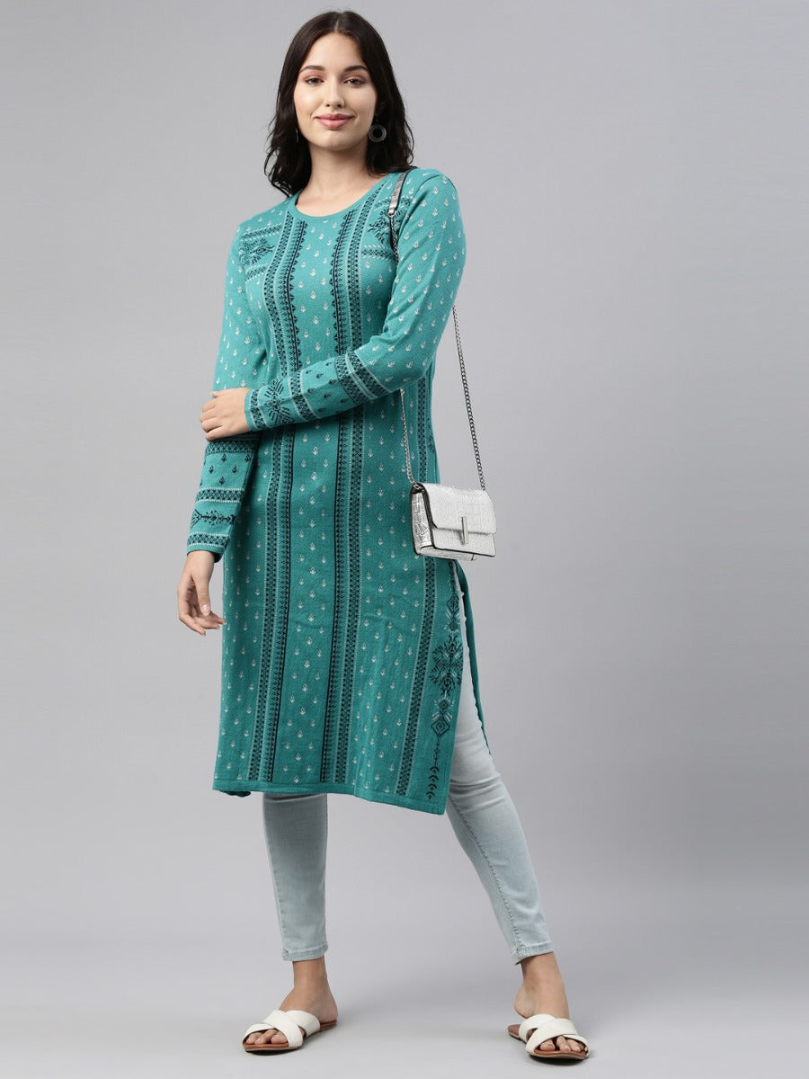 Neerus Green wool straight kurti - front view