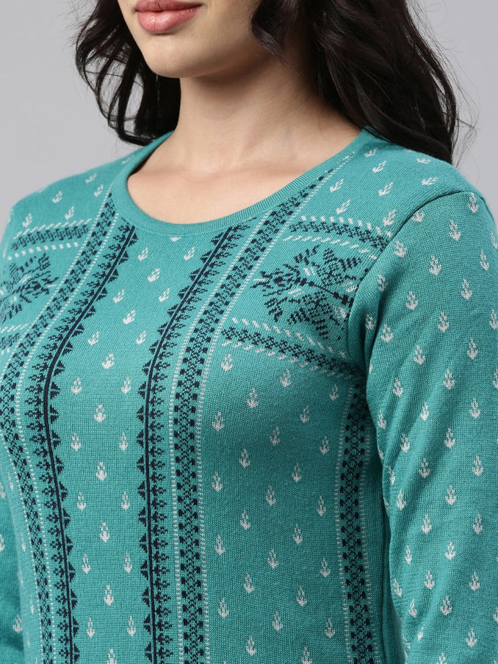 Neerus Green wool straight kurti - back view