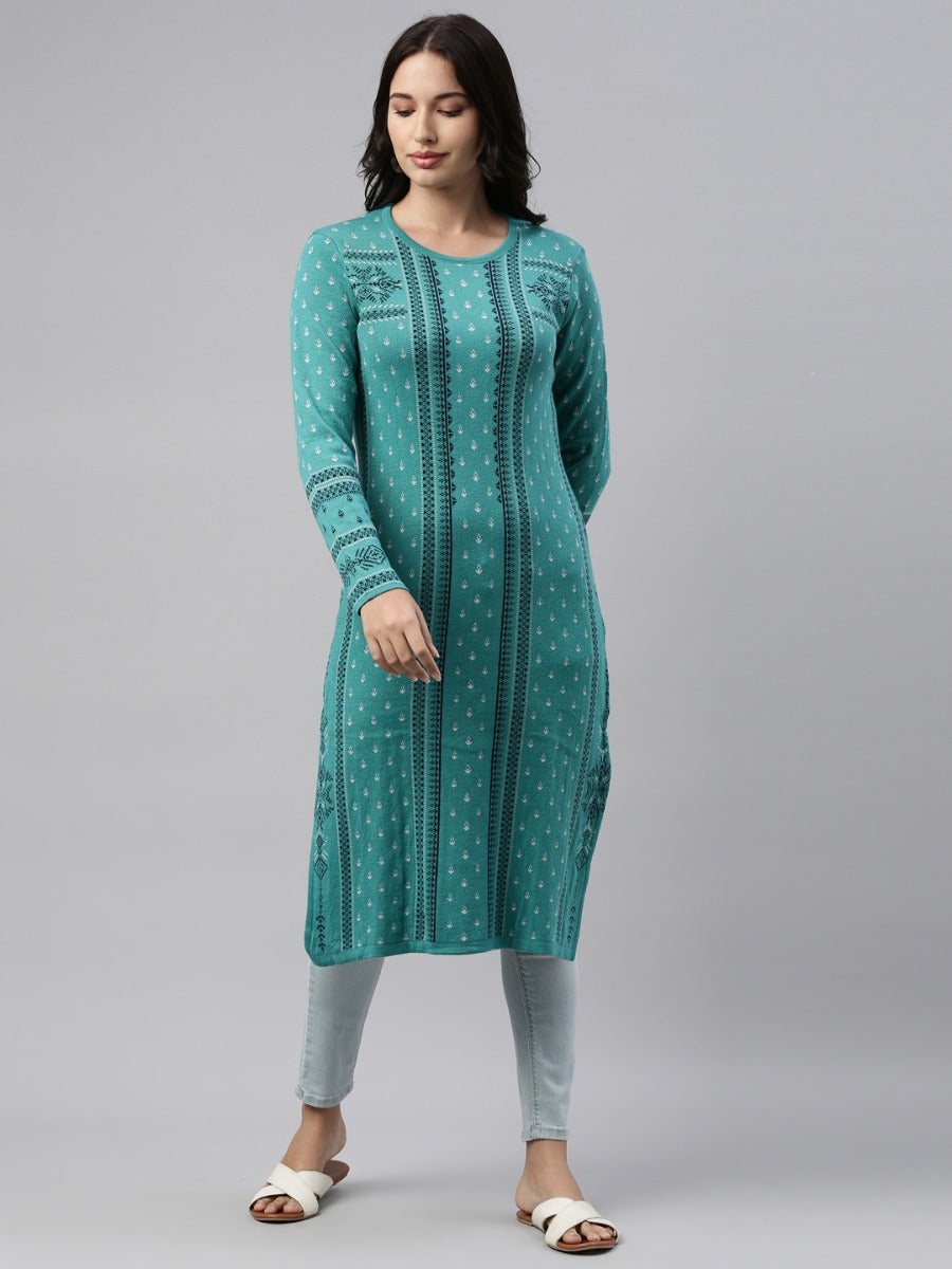 Neerus Green wool straight kurti - side view