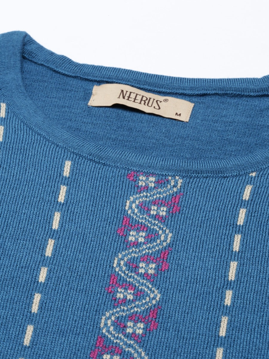 Neerus Blue acrylic woven straight kurti - detail view 2