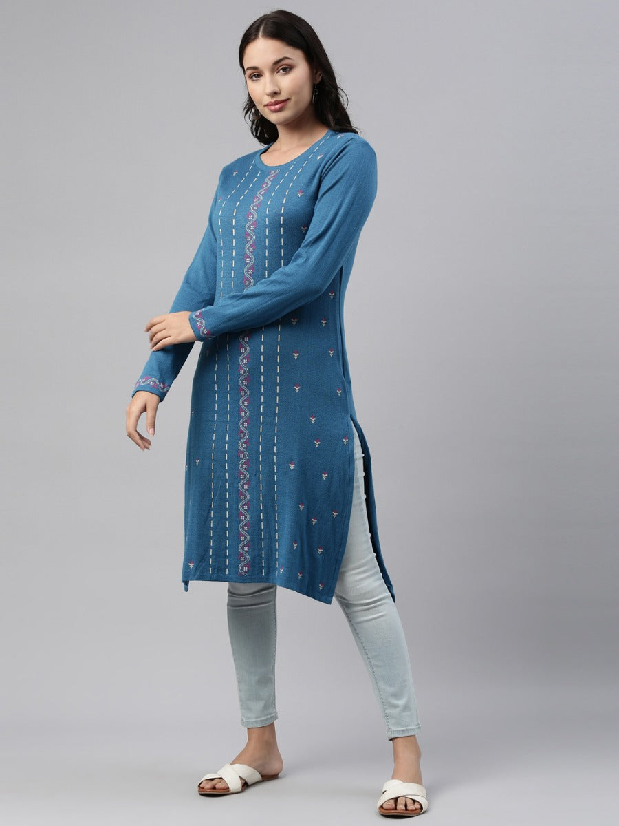 Neerus Blue acrylic woven straight kurti - detail view 4