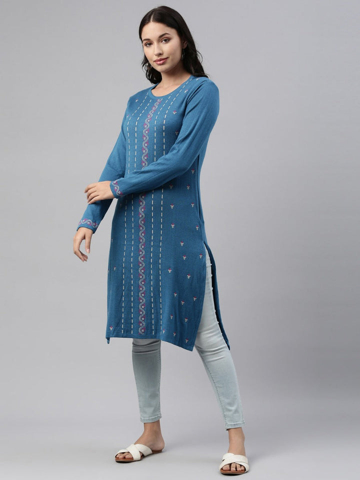 Neerus Blue acrylic woven straight kurti - detail view 4