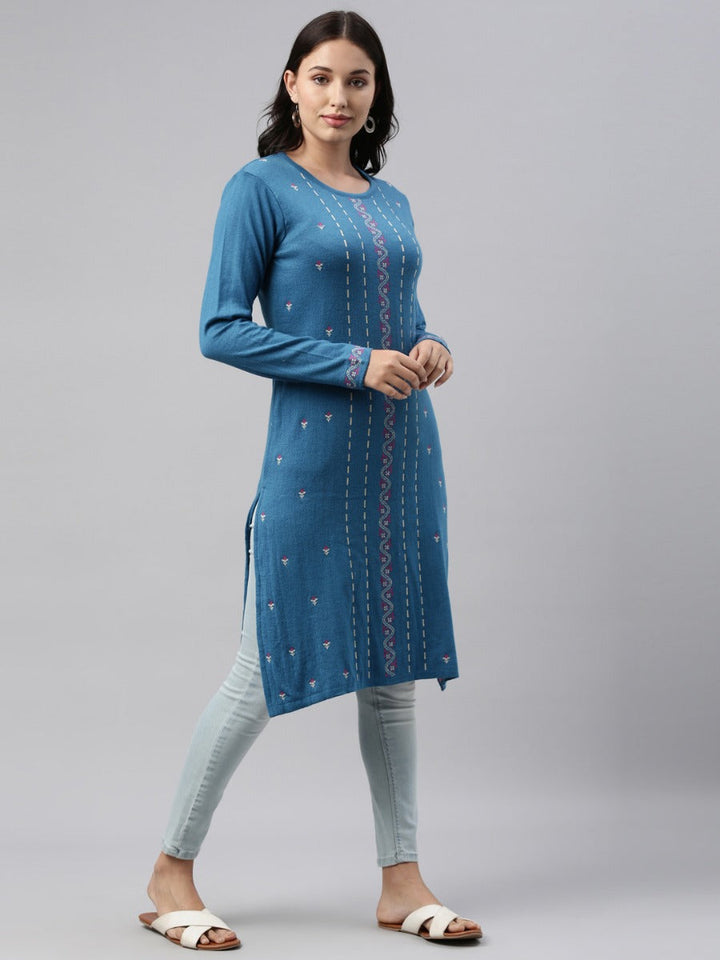 Neerus Blue acrylic woven straight kurti - front view