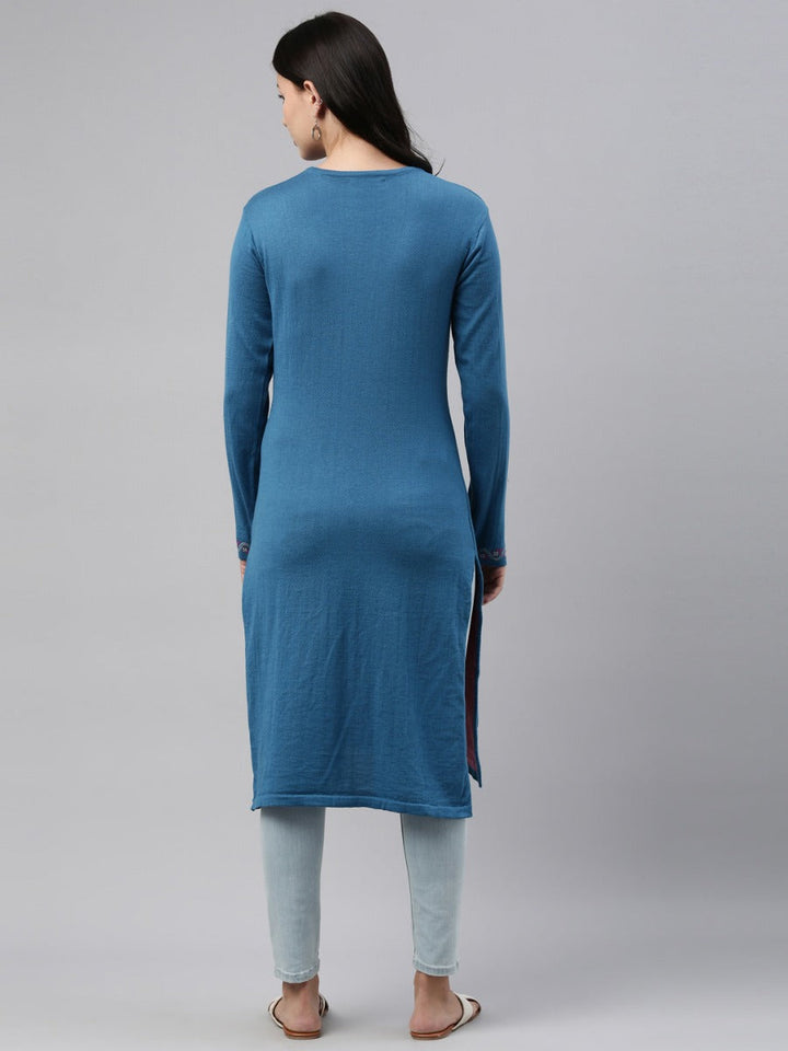 Neerus Blue acrylic woven straight kurti - detail view 5