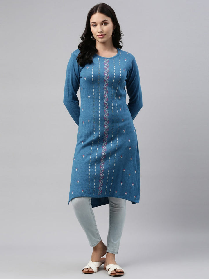 Neerus Blue acrylic woven straight kurti - back view