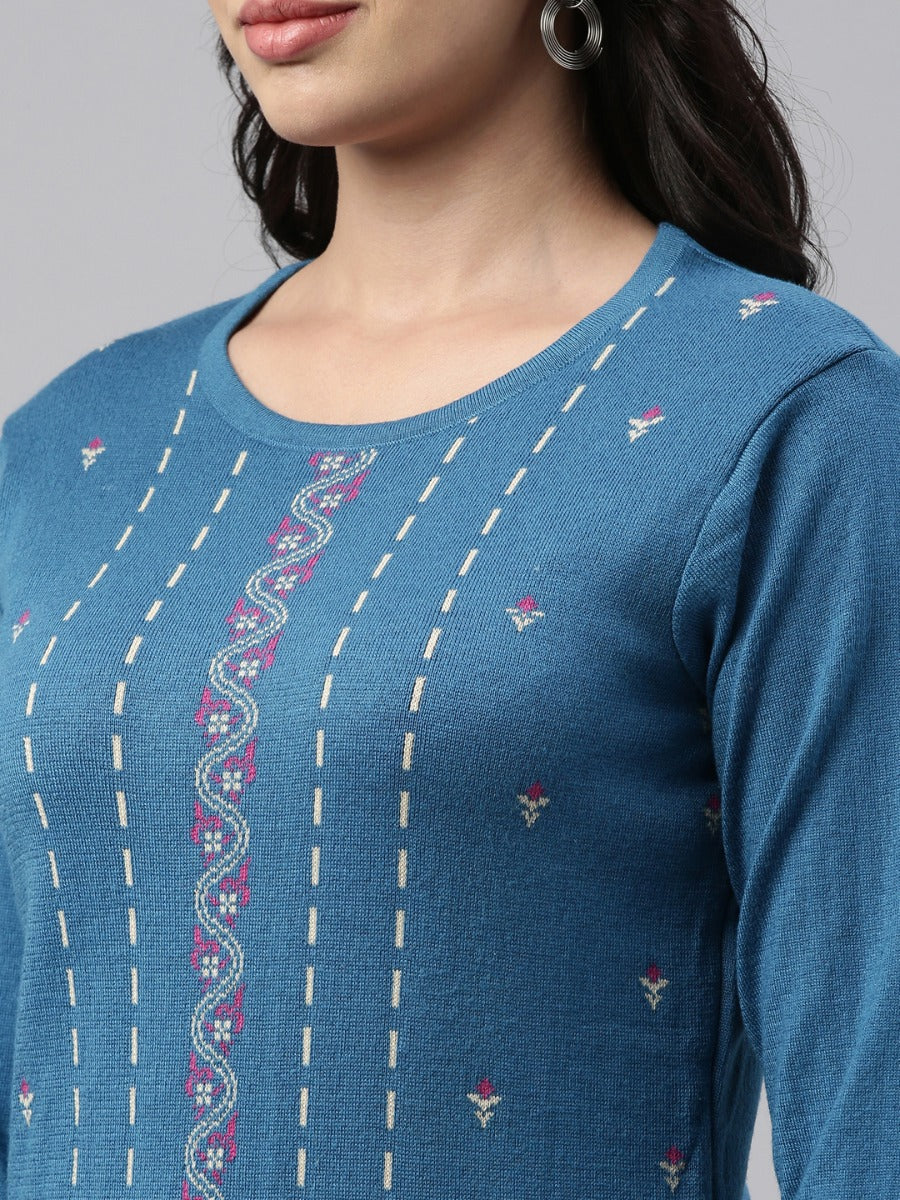 Neerus Blue acrylic woven straight kurti - side view