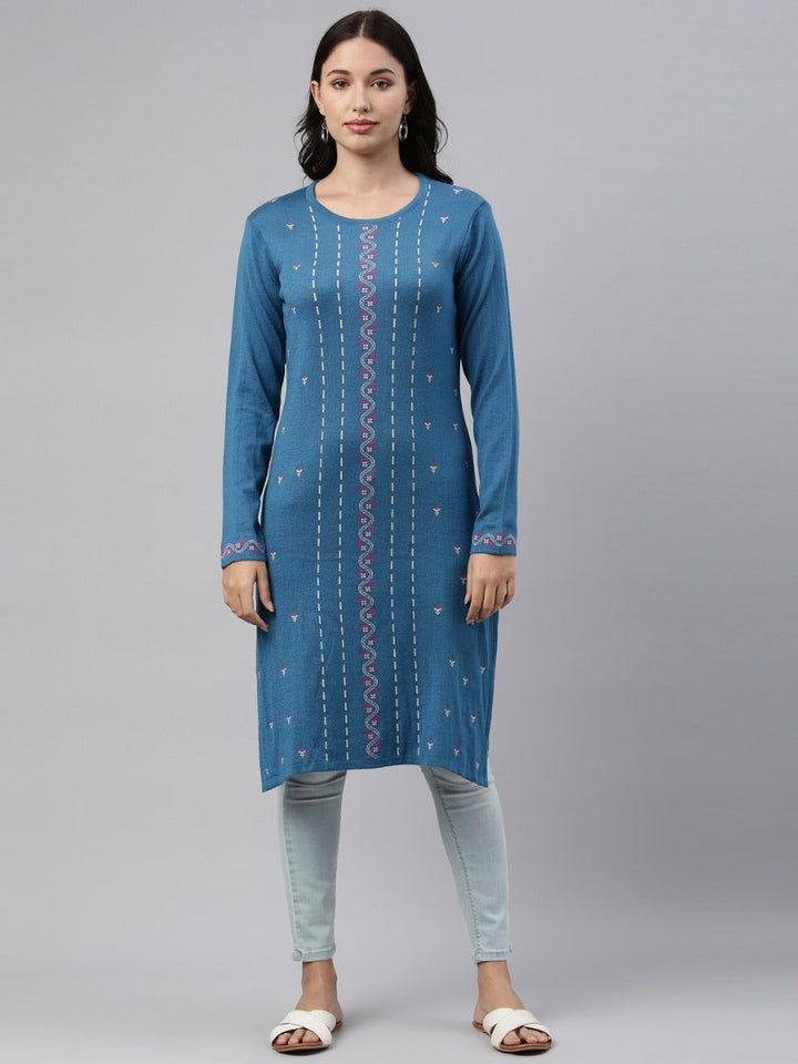 Neerus Blue acrylic woven straight kurti - detail view 1
