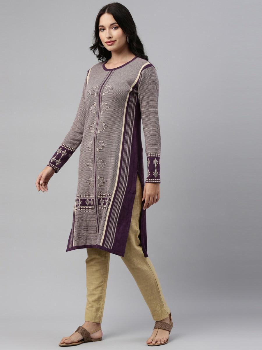 Neerus Grey acrylic woven geometric straight kurti - detail view 3