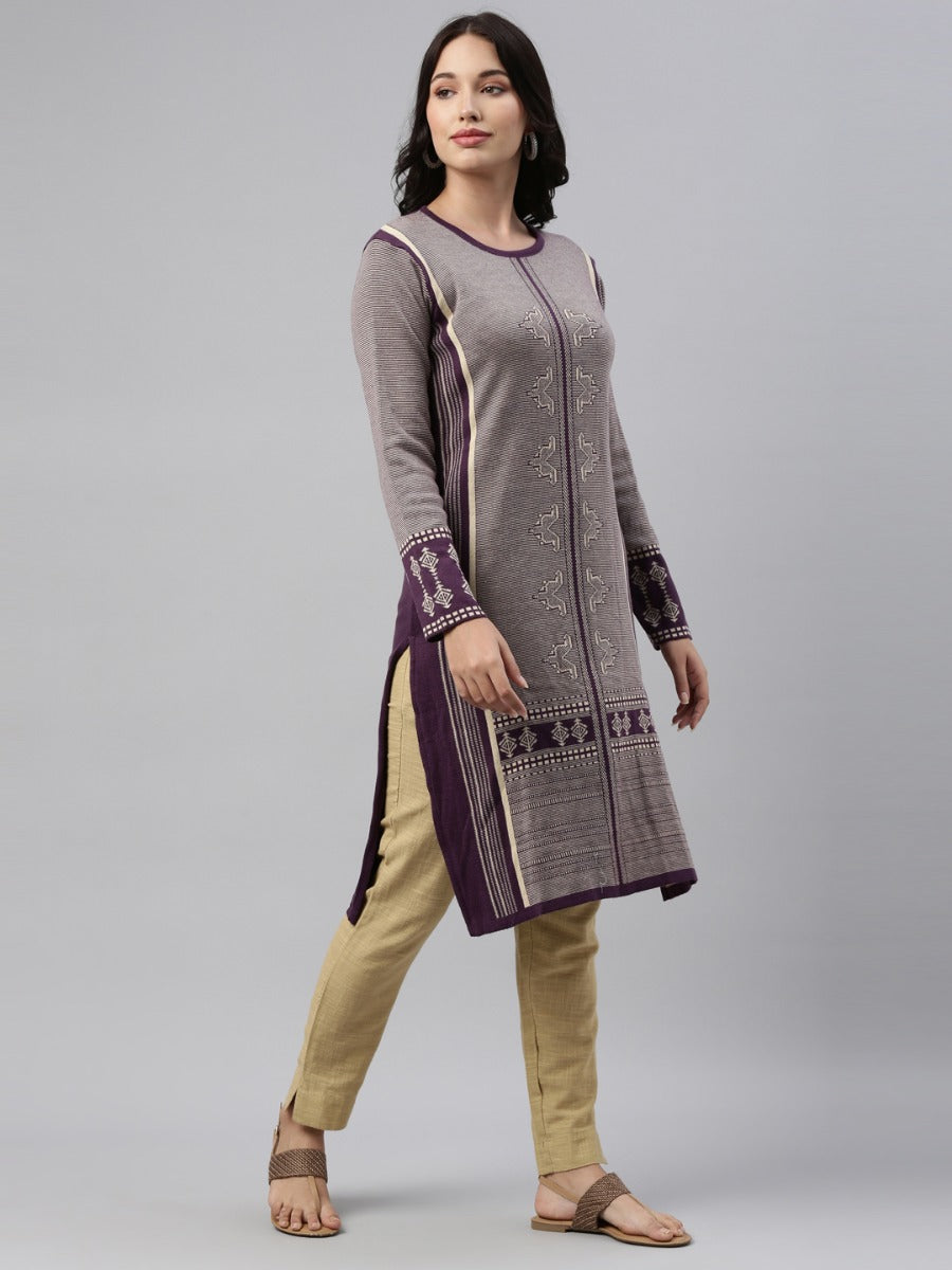 Neerus Grey acrylic woven geometric straight kurti - detail view 4