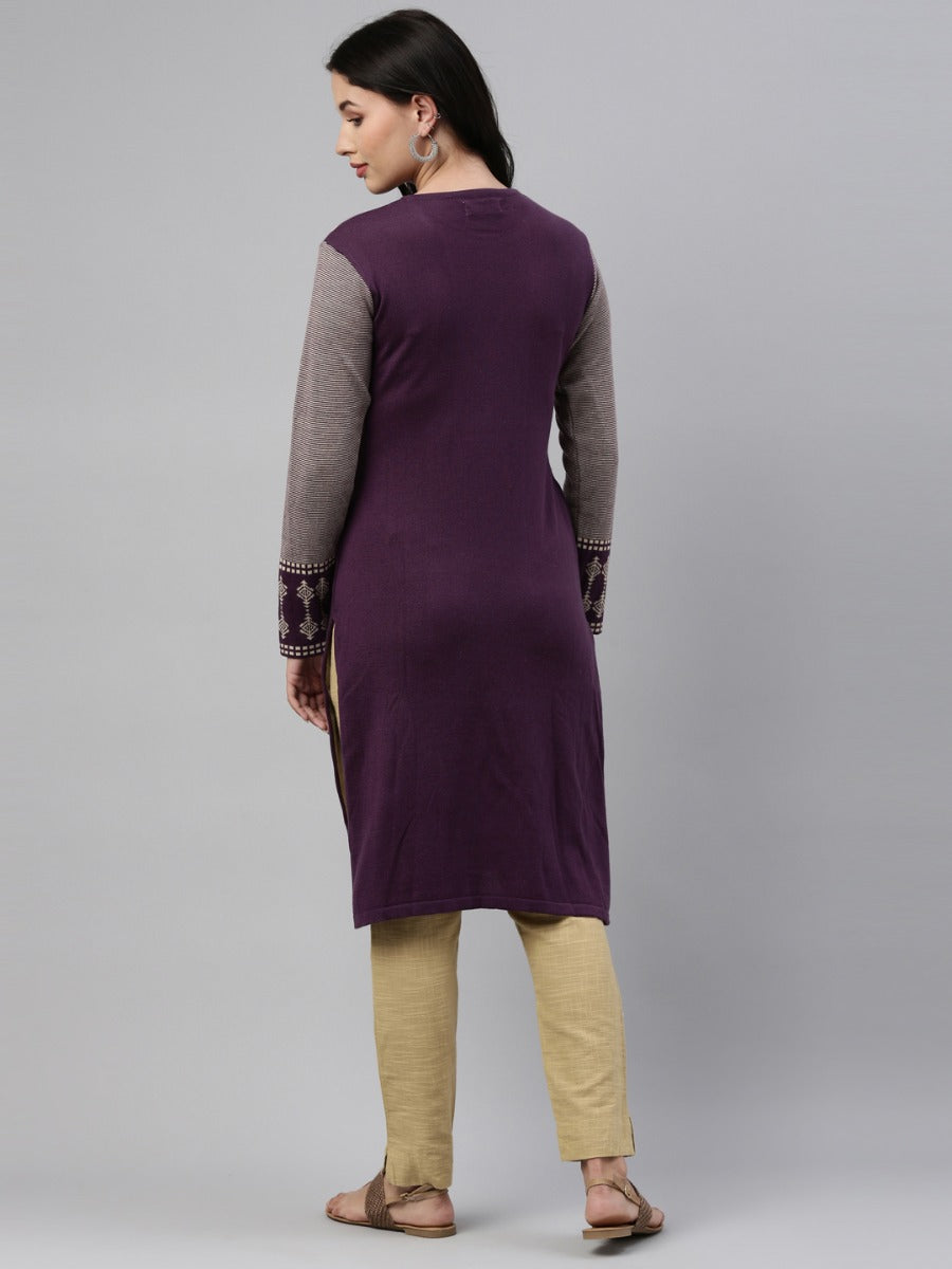 Neerus Grey acrylic woven geometric straight kurti - detail view 5