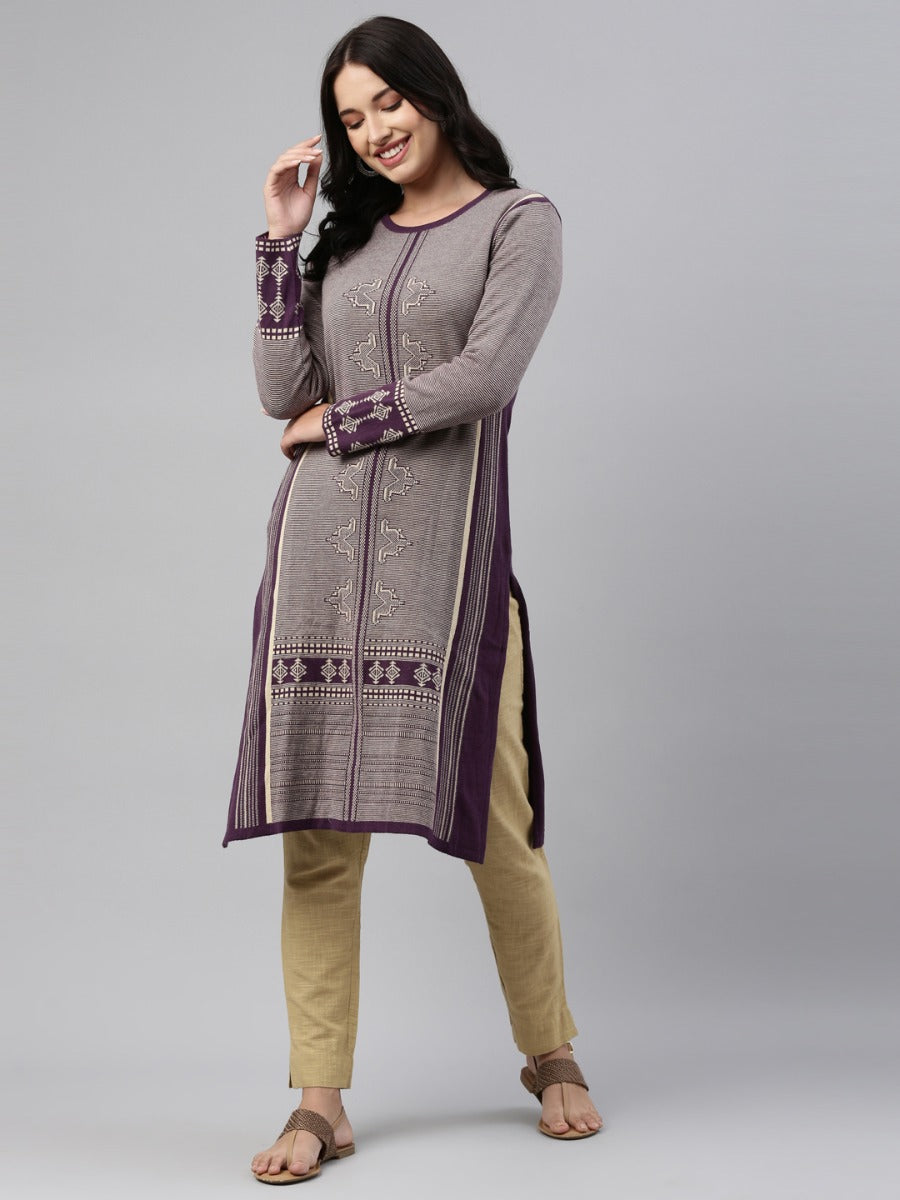Neerus Grey acrylic woven geometric straight kurti - front view
