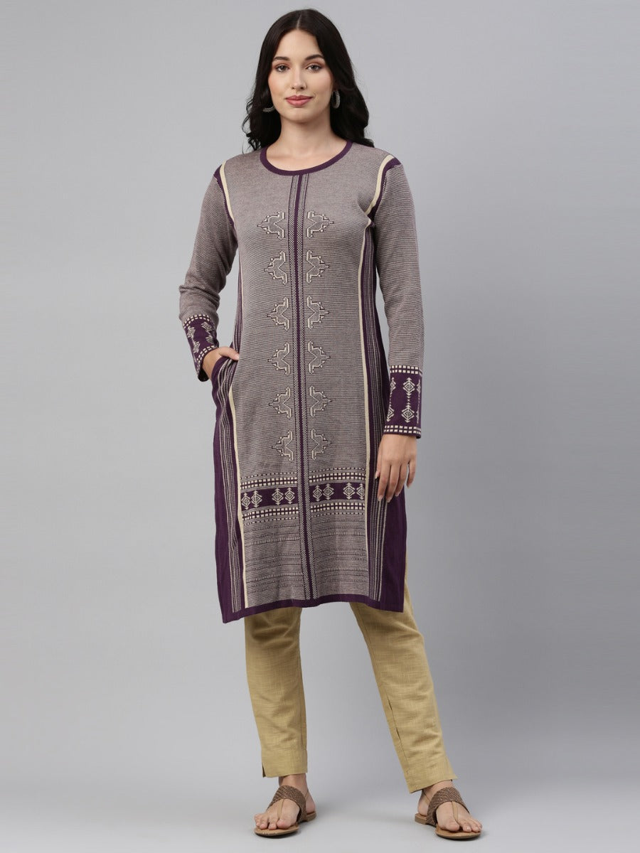 Neerus Grey acrylic woven geometric straight kurti - side view