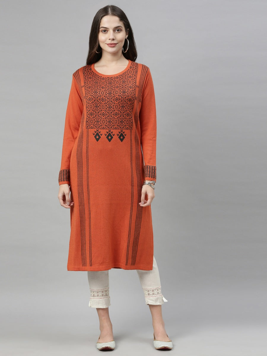 Neerus Orange wool woven kurti - front view