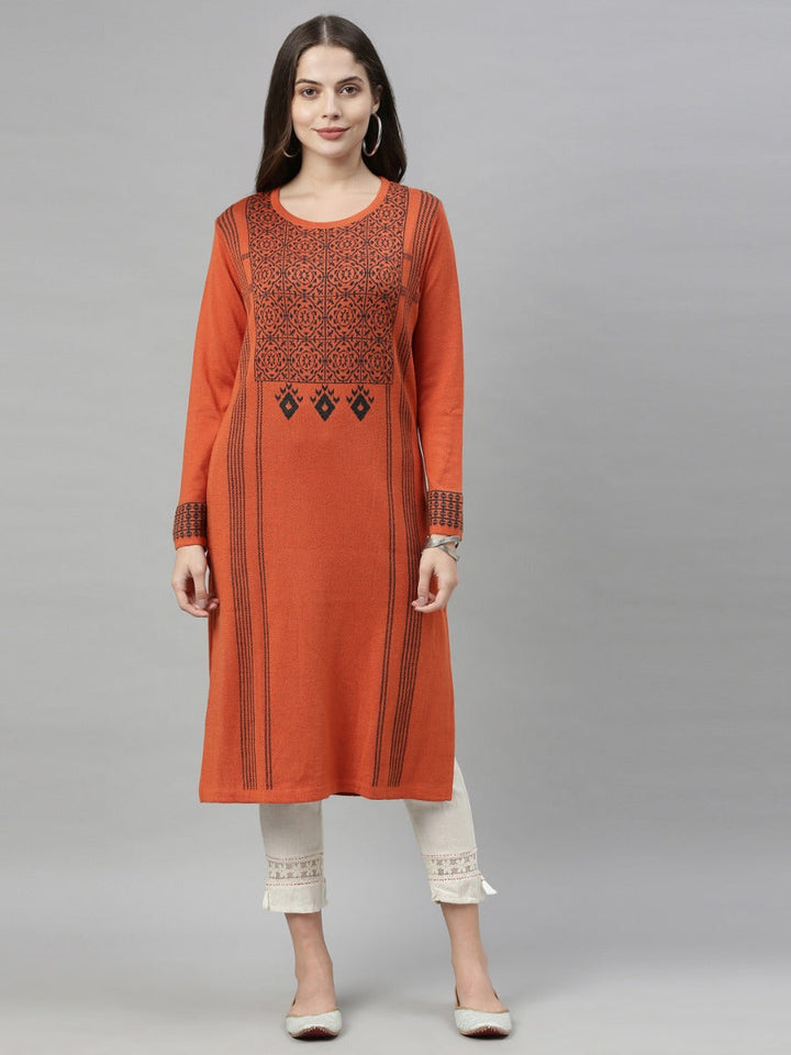 Neerus Orange wool woven kurti - front view