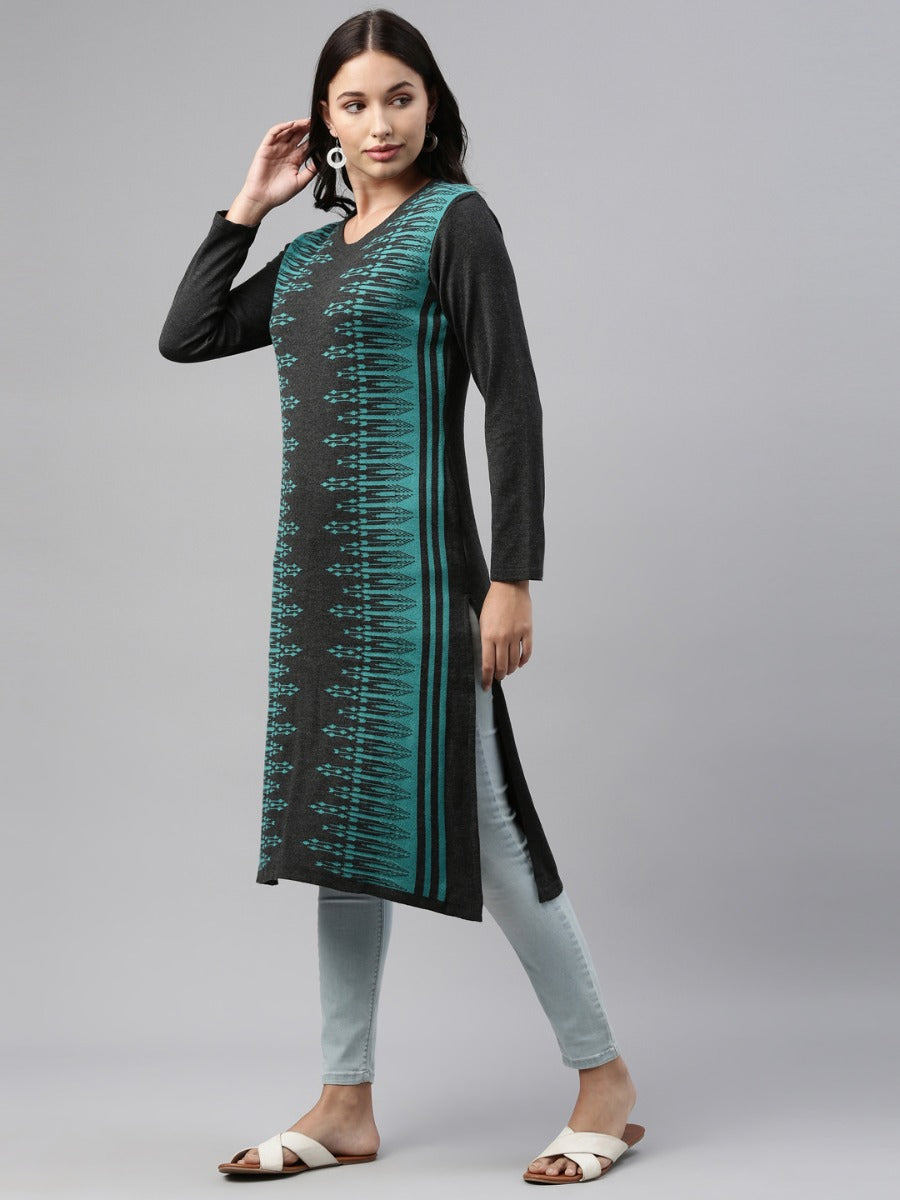 Neerus Blue acrylic woven straight kurti with ethnic motifs - side view