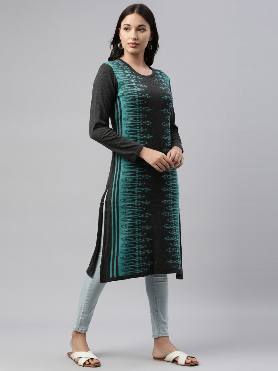 Neerus Blue acrylic woven straight kurti with ethnic motifs - detail view 1