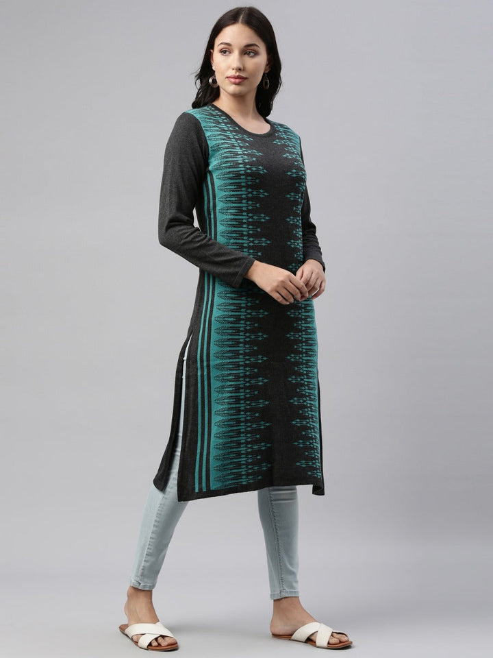 Neerus Blue acrylic woven straight kurti with ethnic motifs - detail view 1