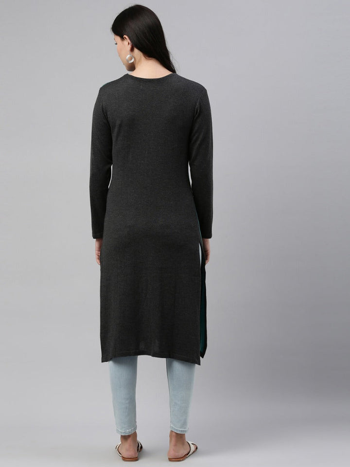 Neerus Blue acrylic woven straight kurti with ethnic motifs - detail view 2