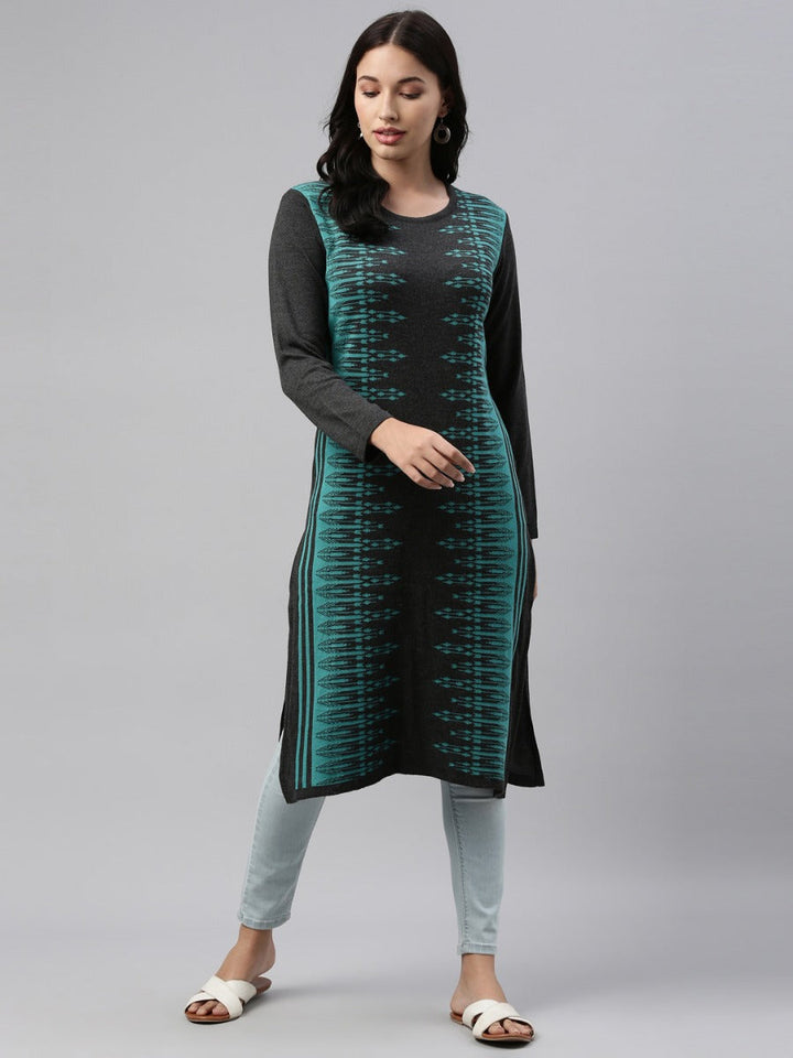 Neerus Blue acrylic woven straight kurti with ethnic motifs - front view