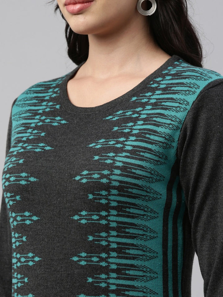 Neerus Blue acrylic woven straight kurti with ethnic motifs - detail view 3
