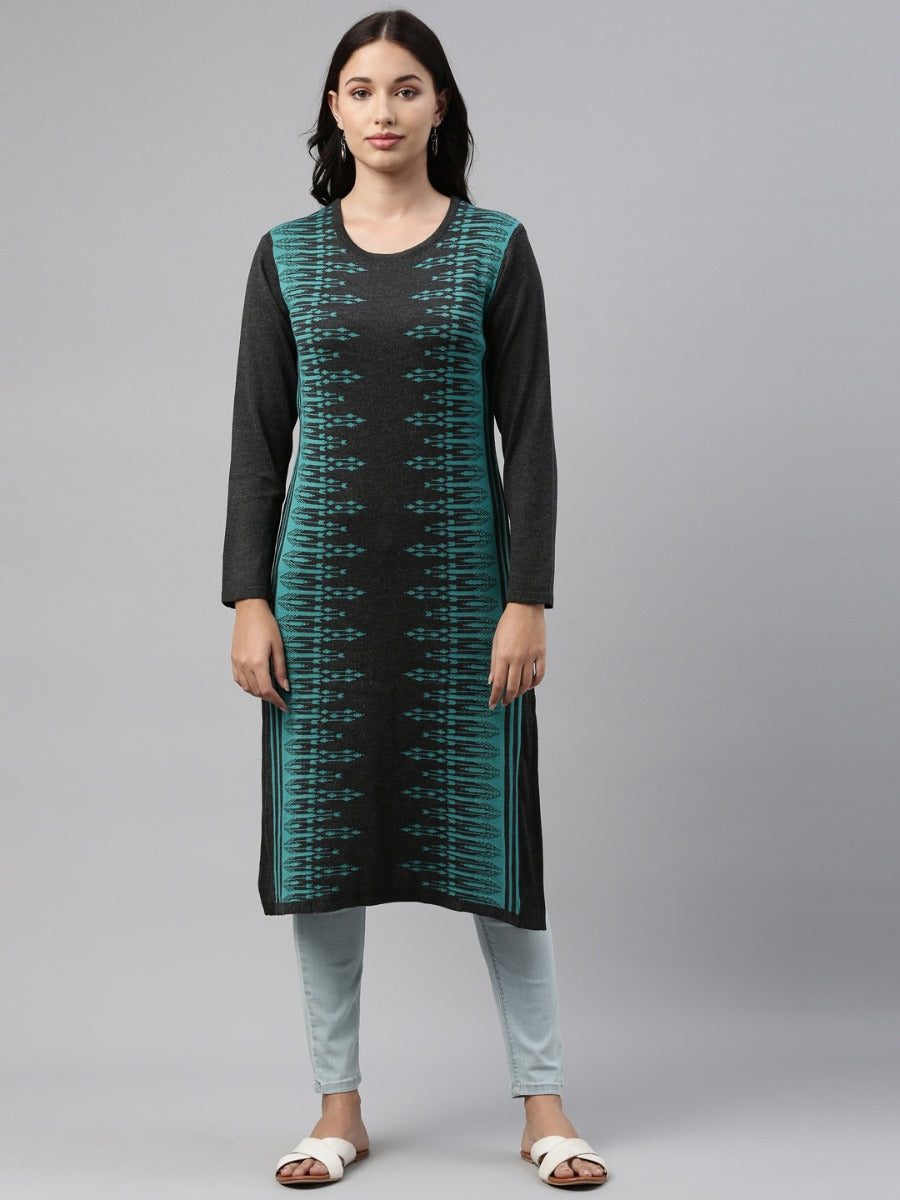 Neerus Blue acrylic woven straight kurti with ethnic motifs - detail view 4