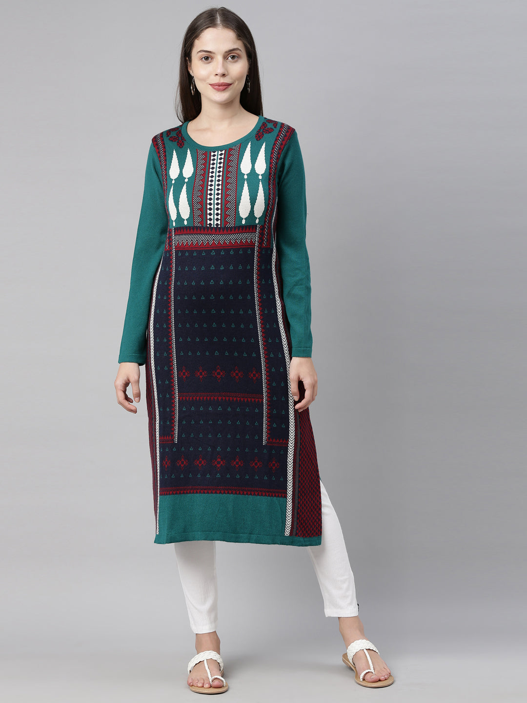 Neerus Green acrylic woven geometric kurta - front view