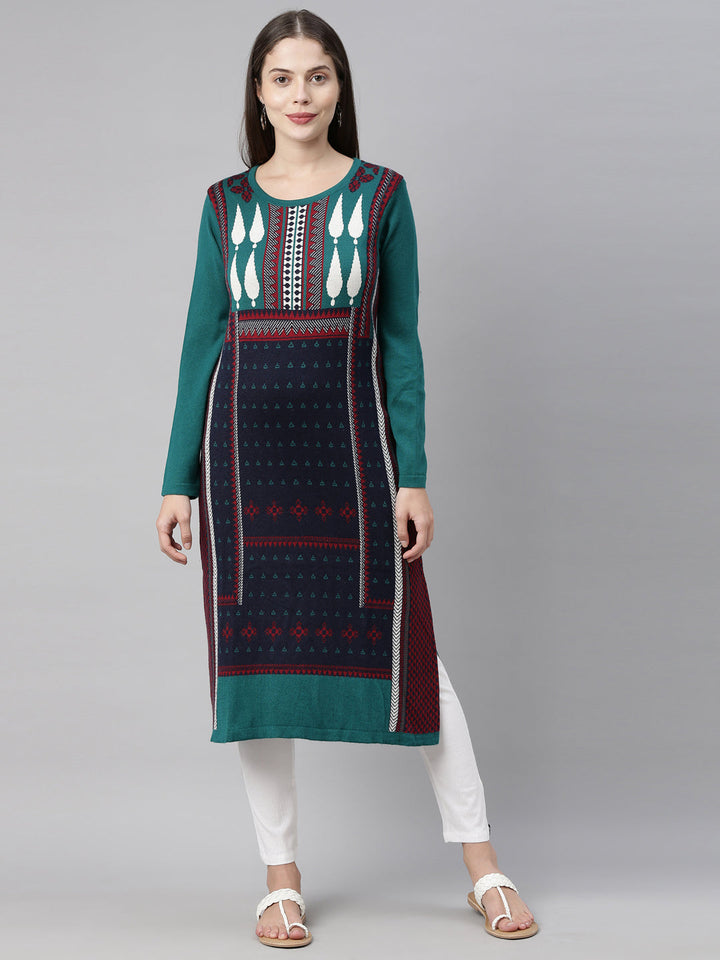 Neerus Green acrylic woven geometric kurta - front view