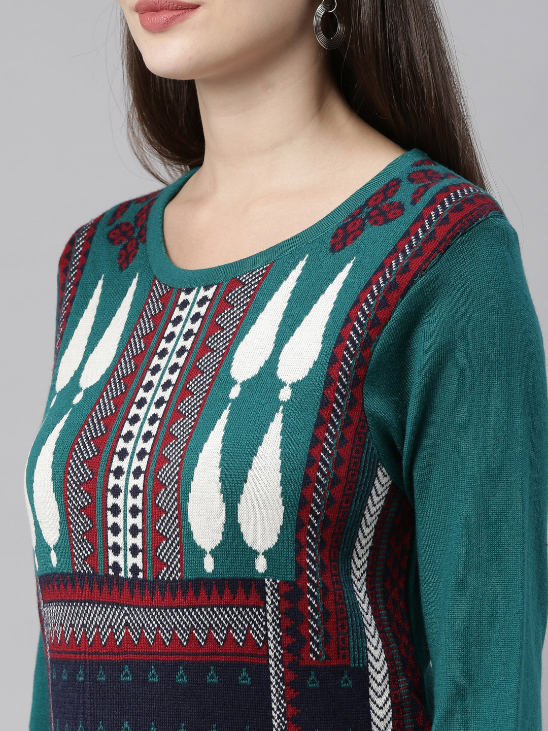 Neerus Green acrylic woven geometric kurta - detail view 2