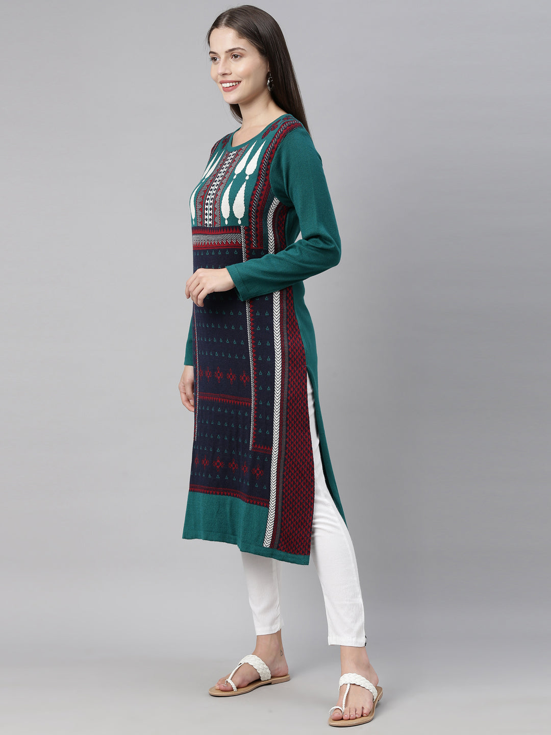 Neerus Green acrylic woven geometric kurta - back view