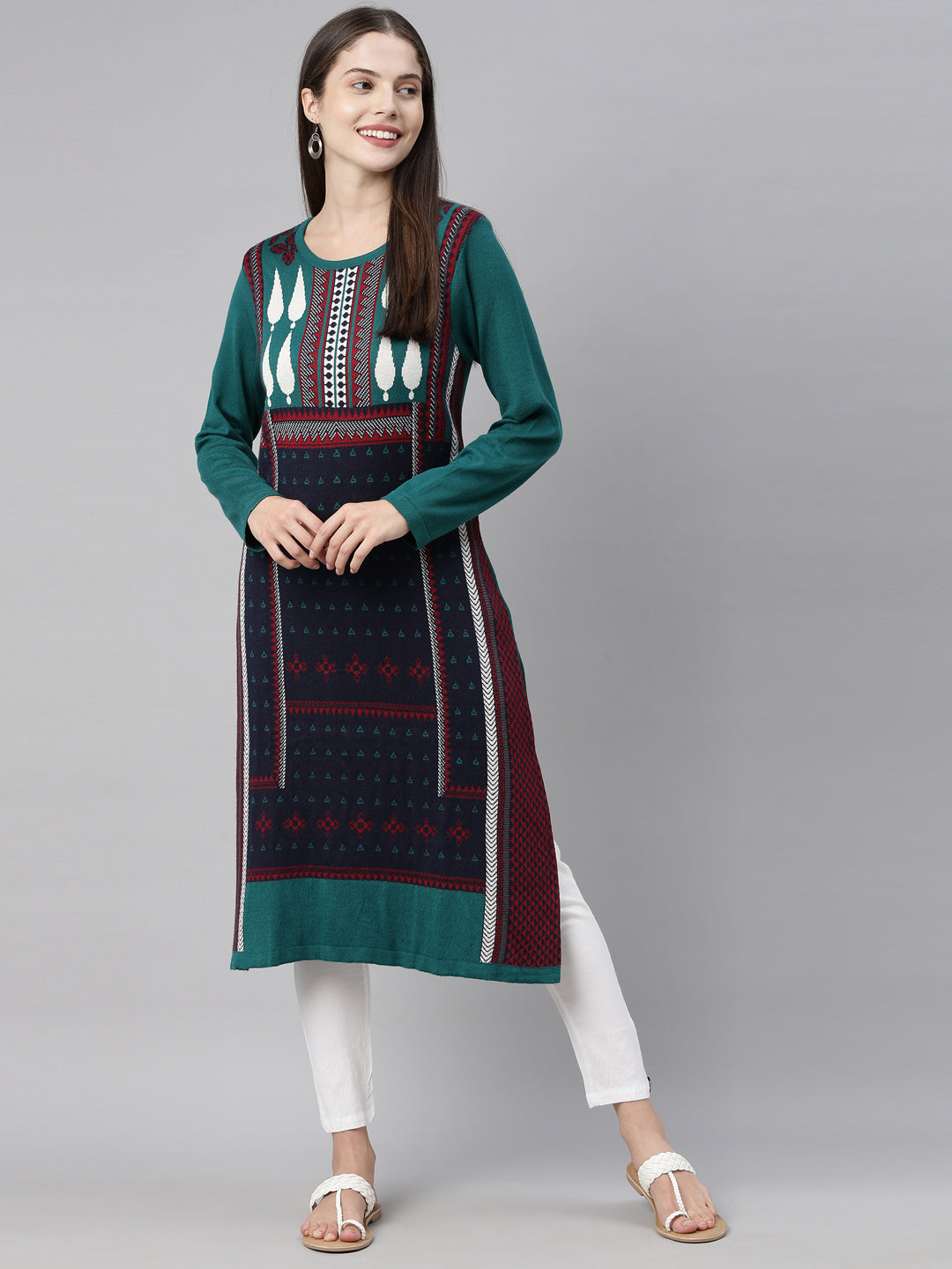 Neerus Green acrylic woven geometric kurta - detail view 3