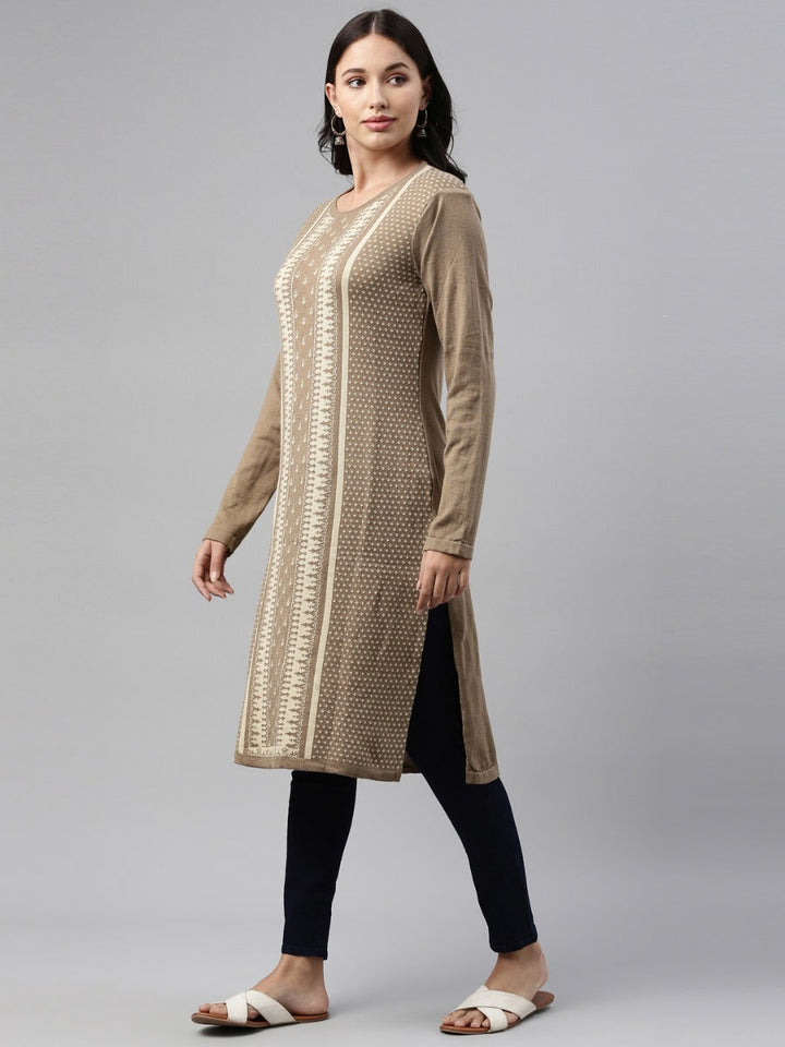 Neerus Beige acrylic woven geometric straight kurti - side view