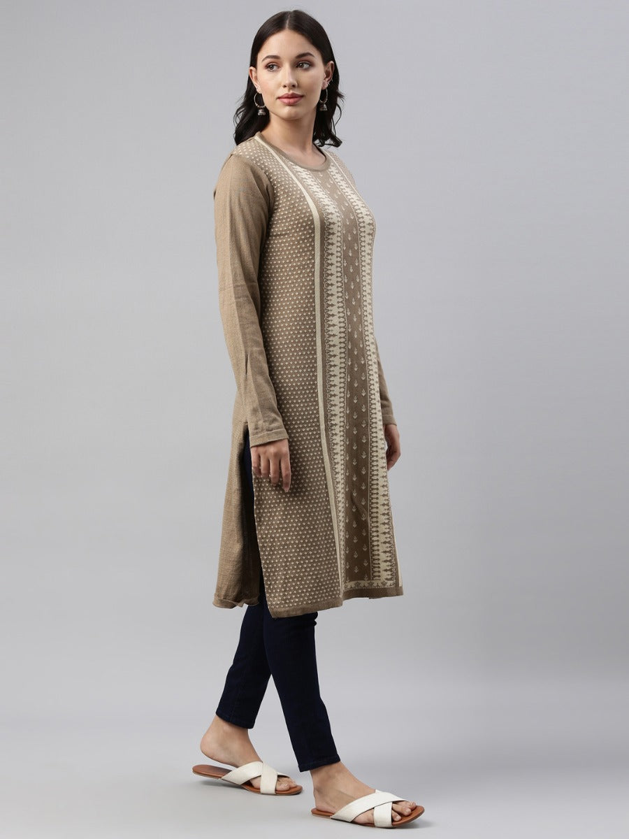 Neerus Beige acrylic woven geometric straight kurti - detail view 1