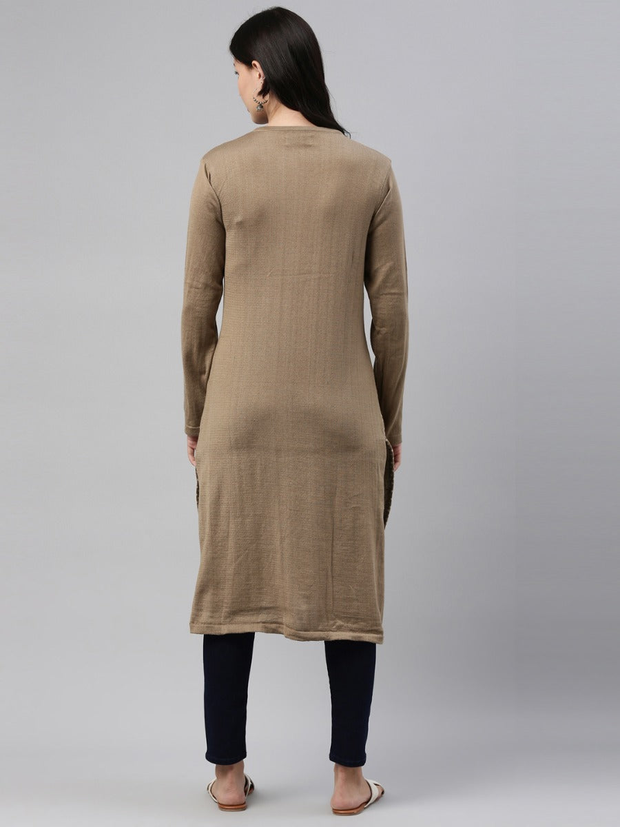 Neerus Beige acrylic woven geometric straight kurti - detail view 2