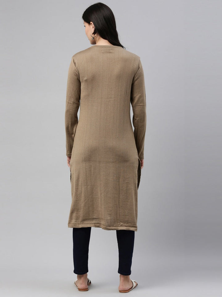 Neerus Beige acrylic woven geometric straight kurti - detail view 2