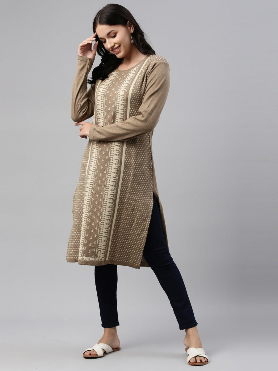 Neerus Beige acrylic woven geometric straight kurti - front view