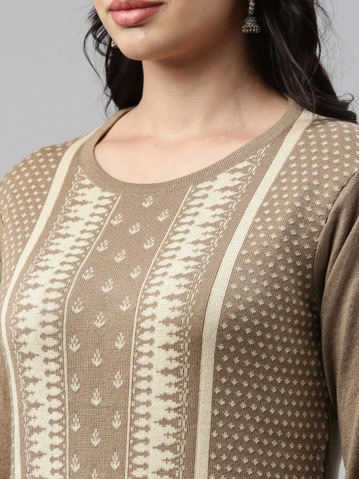 Neerus Beige acrylic woven geometric straight kurti - detail view 3