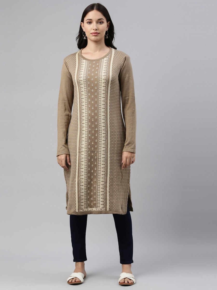 Neerus Beige acrylic woven geometric straight kurti - detail view 4