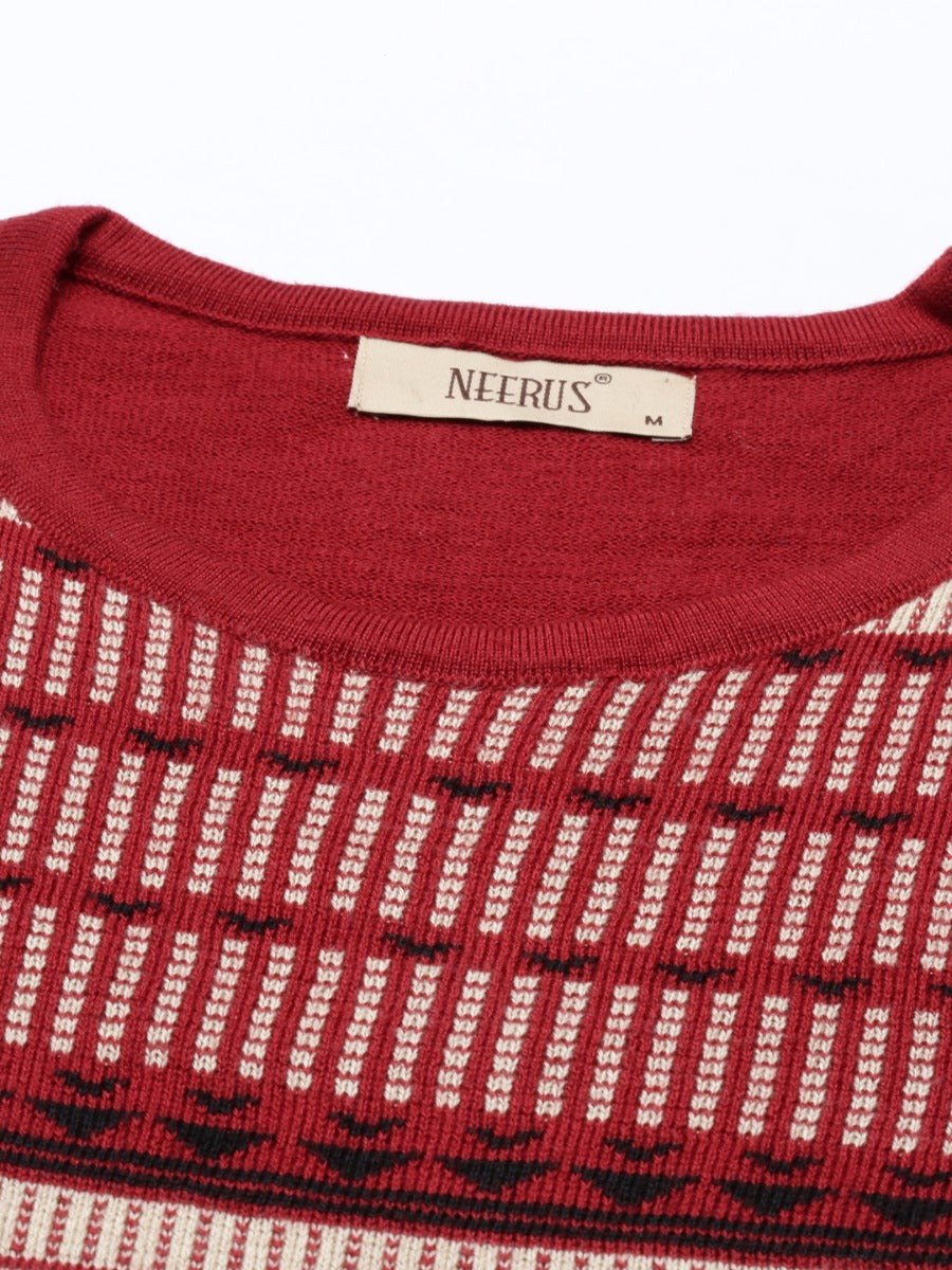 Neerus Maroon acrylic woven geometric kurti - detail view 4