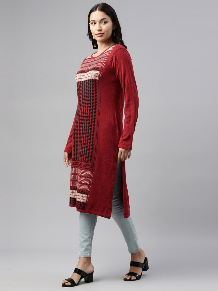 Neerus Maroon acrylic woven geometric kurti - back view