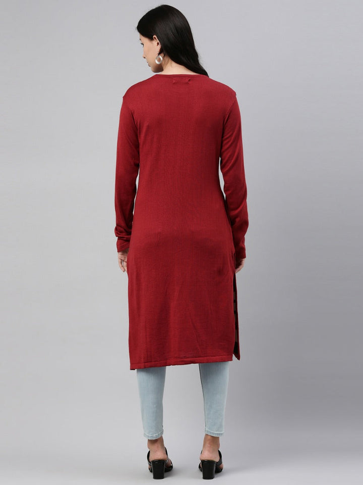 Neerus Maroon acrylic woven geometric kurti - detail view 1