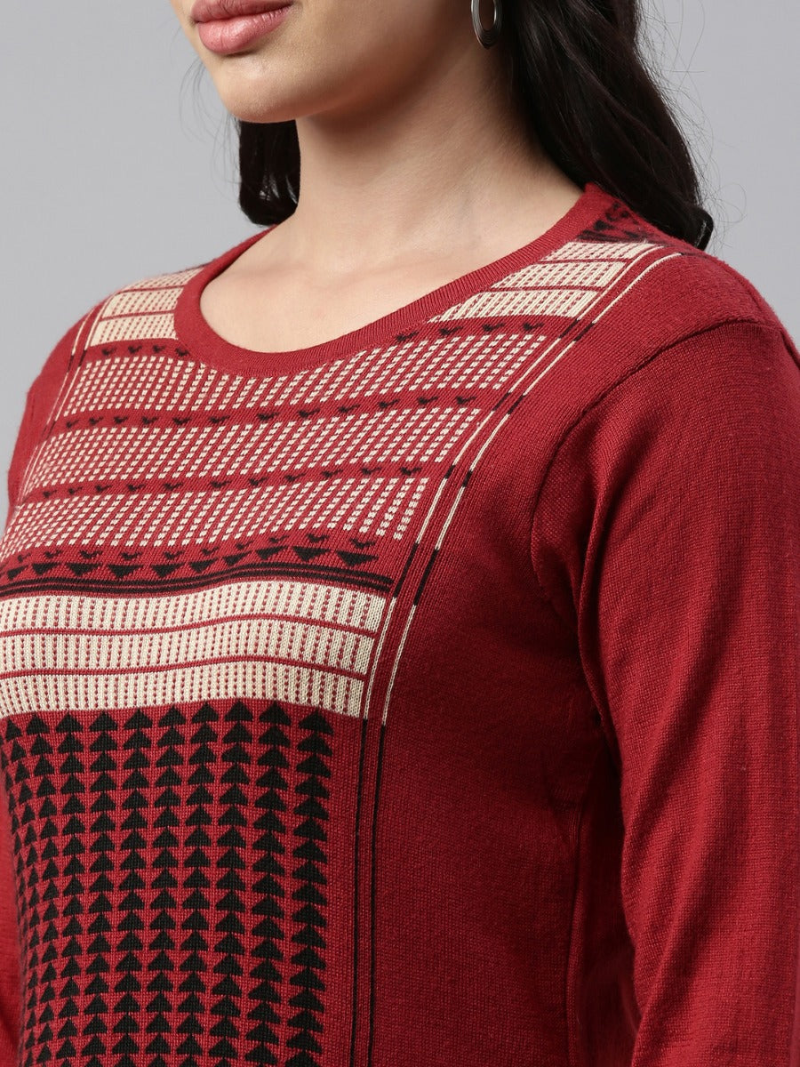 Neerus Maroon acrylic woven geometric kurti - detail view 2