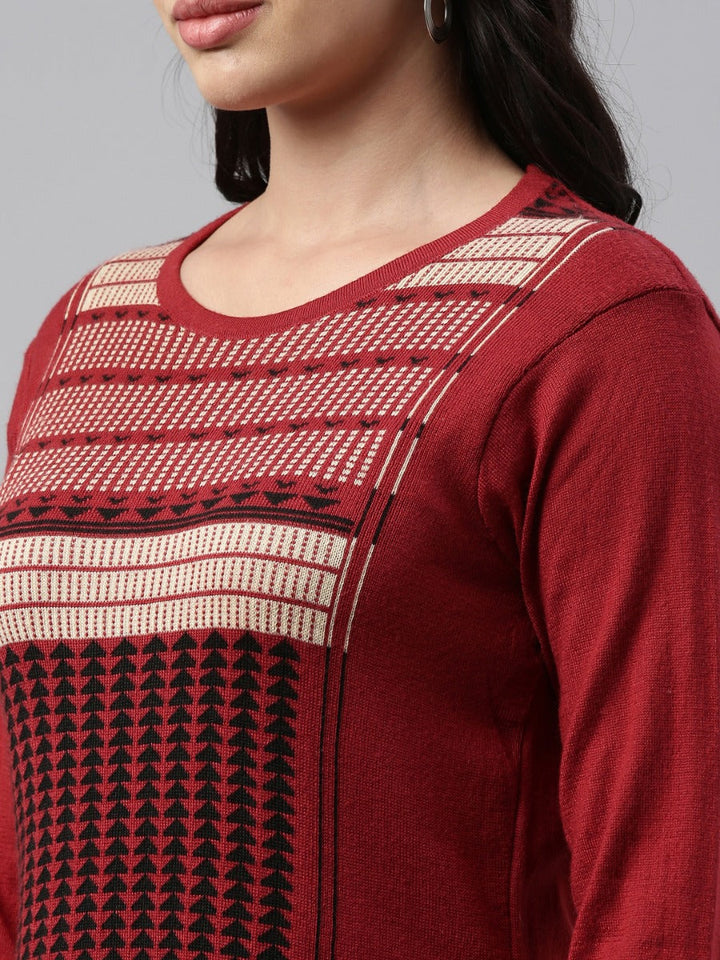 Neerus Maroon acrylic woven geometric kurti - detail view 2